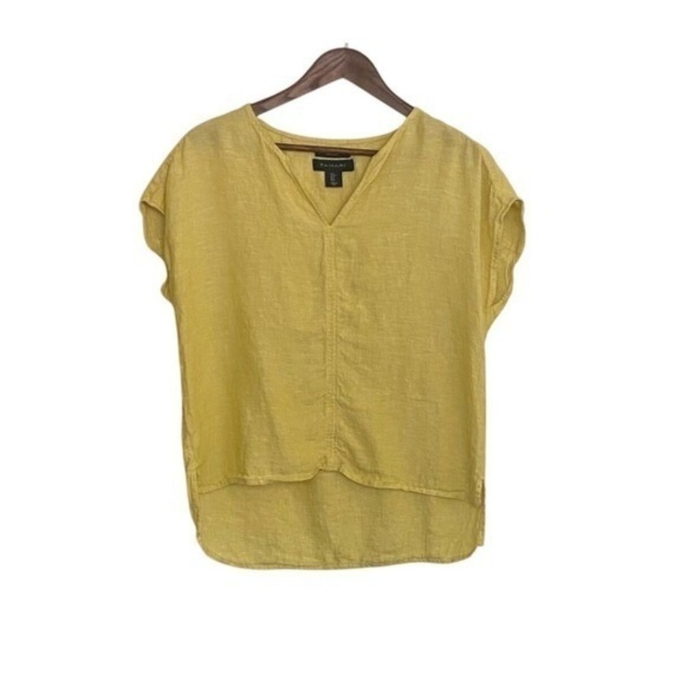 Tahari Yellow V-Neck Linen Blend Short Sleeve Blouse